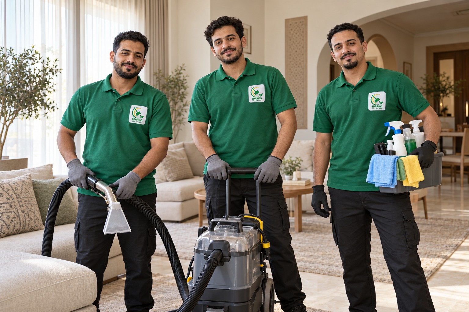 AI-generated illustration of a cleaning team in green uniforms